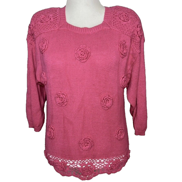 Sweater Bee Banff Sweater Womens Vtg Pink Rosette Shoulder Pad 90s Cottage Large - Picture 1 of 8